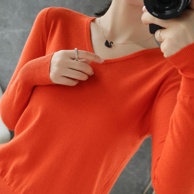 Women's V Neck Long Sleeve Solid Knit Sweater Slim Basic Layering Pullover Jumper