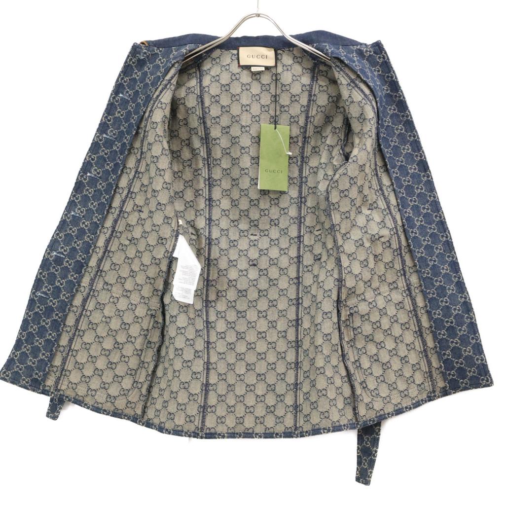 Gucci Domestic Regular 652658 GG Denim Leather Switch Square Patch Belted Jacket 34 IndigoUsed