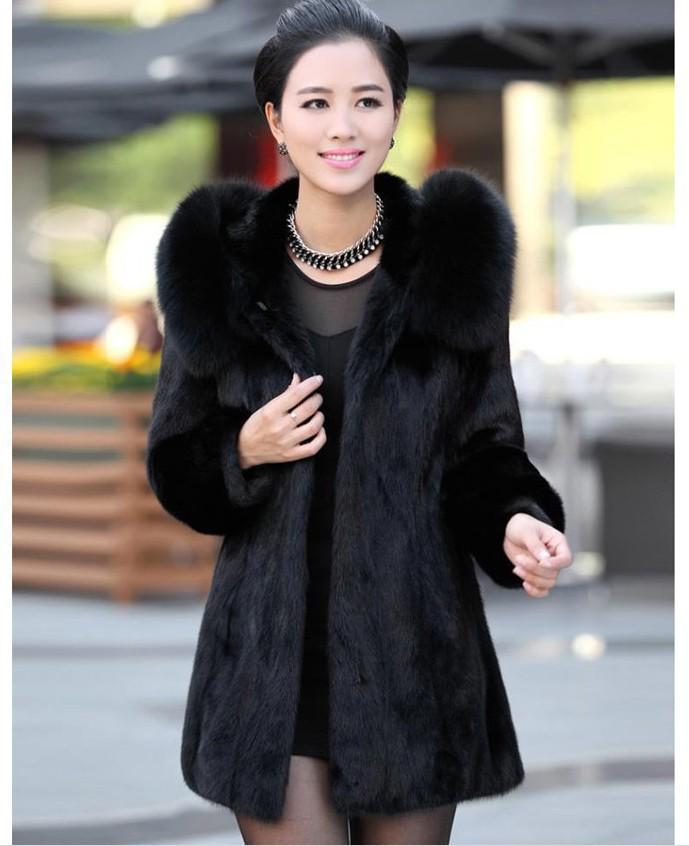 

Women s Slimming Faux Fox Fur Coat with Hat - Warm Long Overcoat in Stock S чёрный