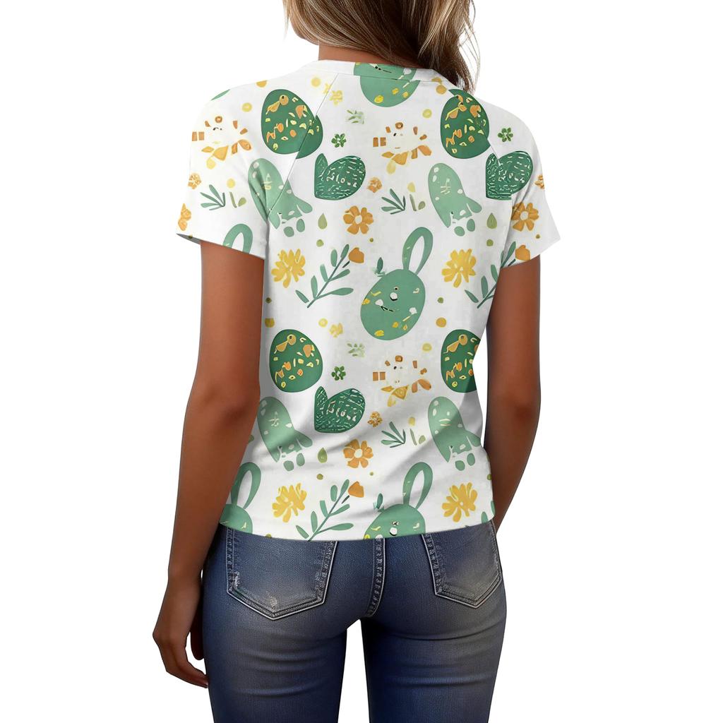 Women's Fashionable Casual Short-Sleeved Raglan Sleeve Easter Print T-Shirt Top