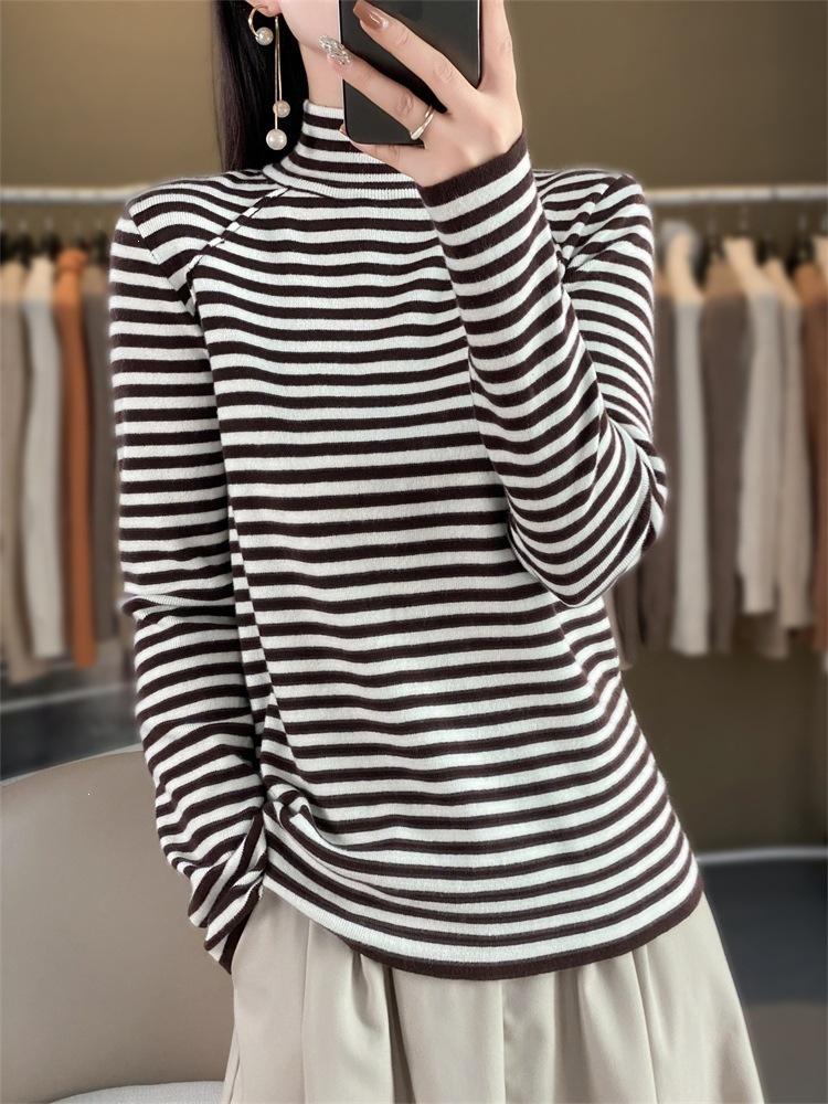 Knitted Sweater with Semi-high Collar, Versatile Long-sleeved Striped Inner Layer for Women, Loose-fitting Pullover Base Shirt