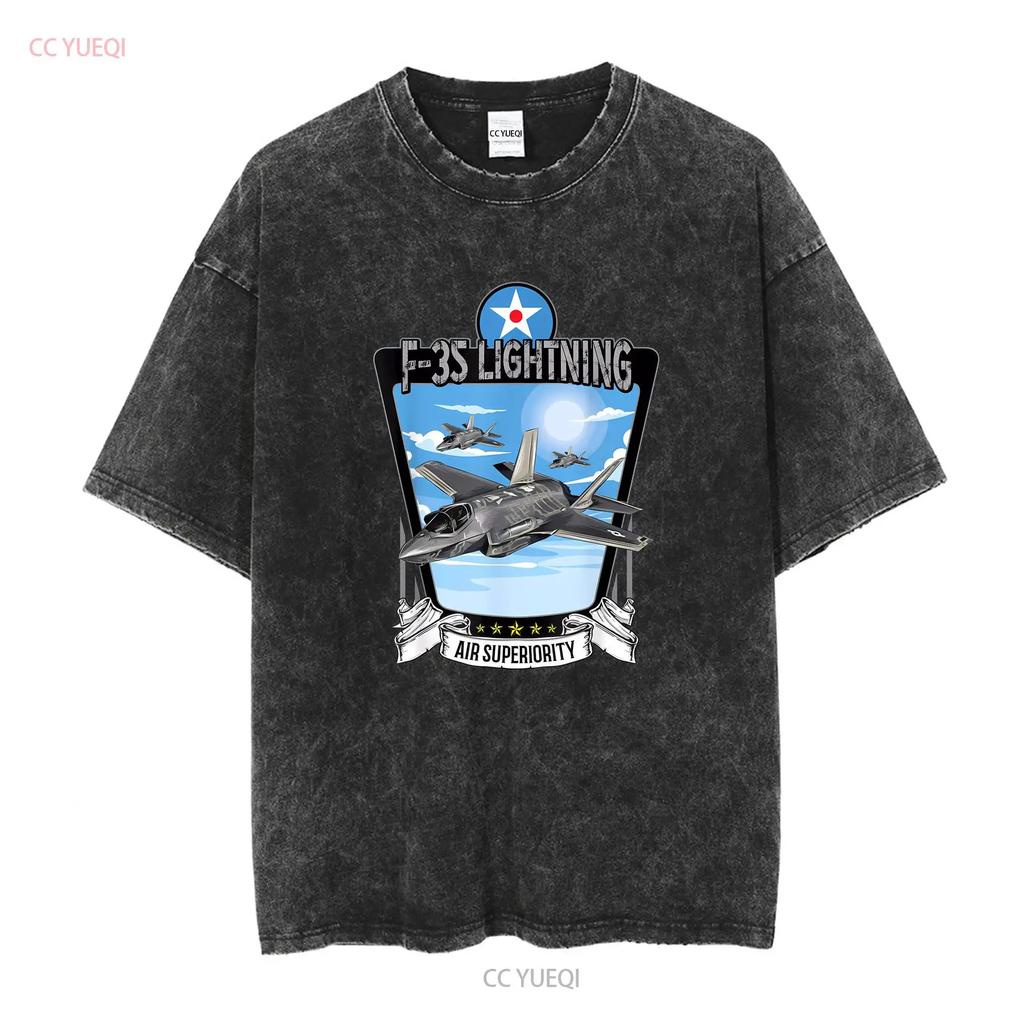 American Aircraft Stealth Fighter F35 lightning T Shirt long or short sleeves vintage Washed Versatile Casual streetwear Unisex