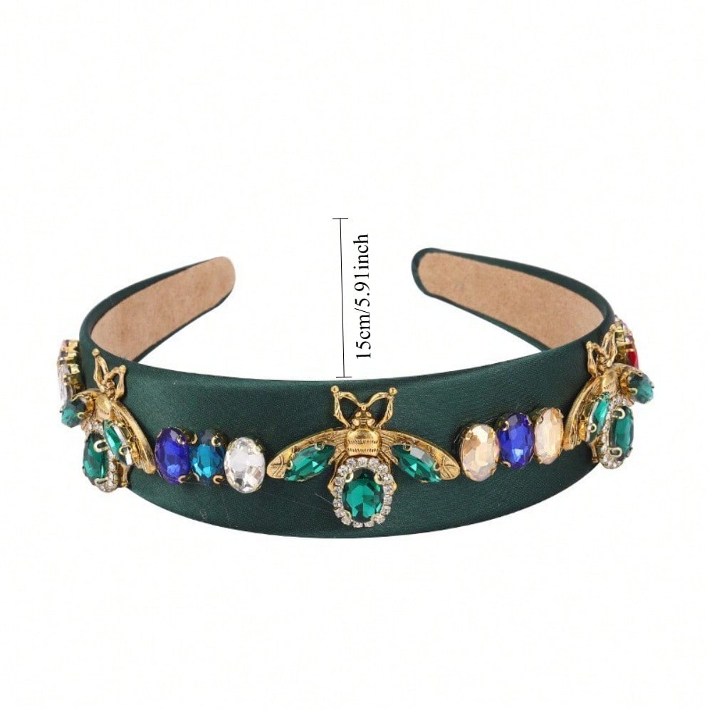 Color Crystal Bee Headband Fabric Wide Edge Headband Retro Rhinestone Hair Accessories