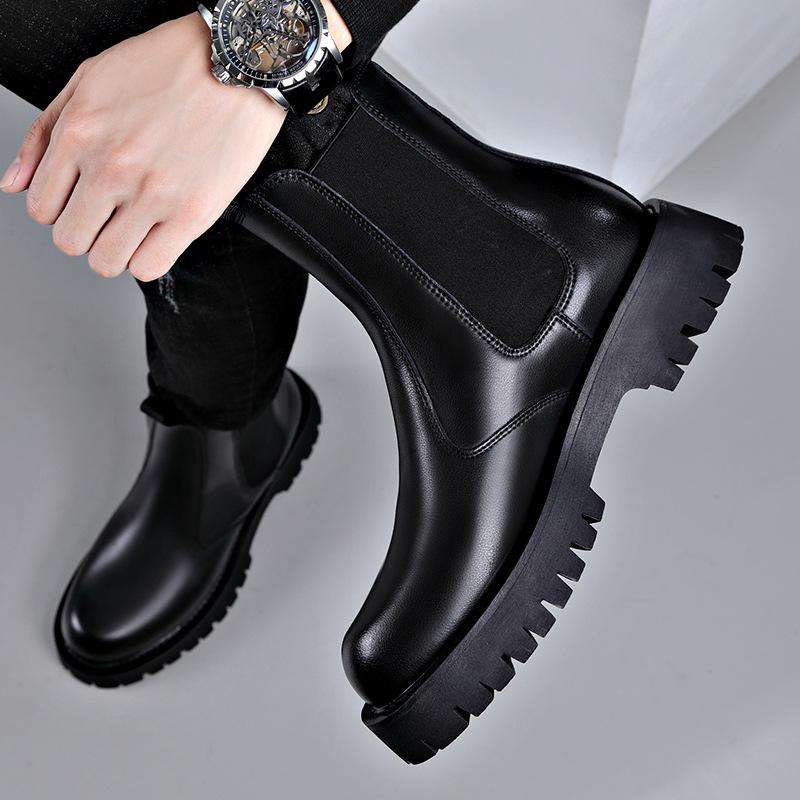 Trendy Men's Elastic Sock-Fit Chunky Sole Boots, Round Toe High-Top Martin Style, Inspired by Xiaohongshu Live Broadcast.