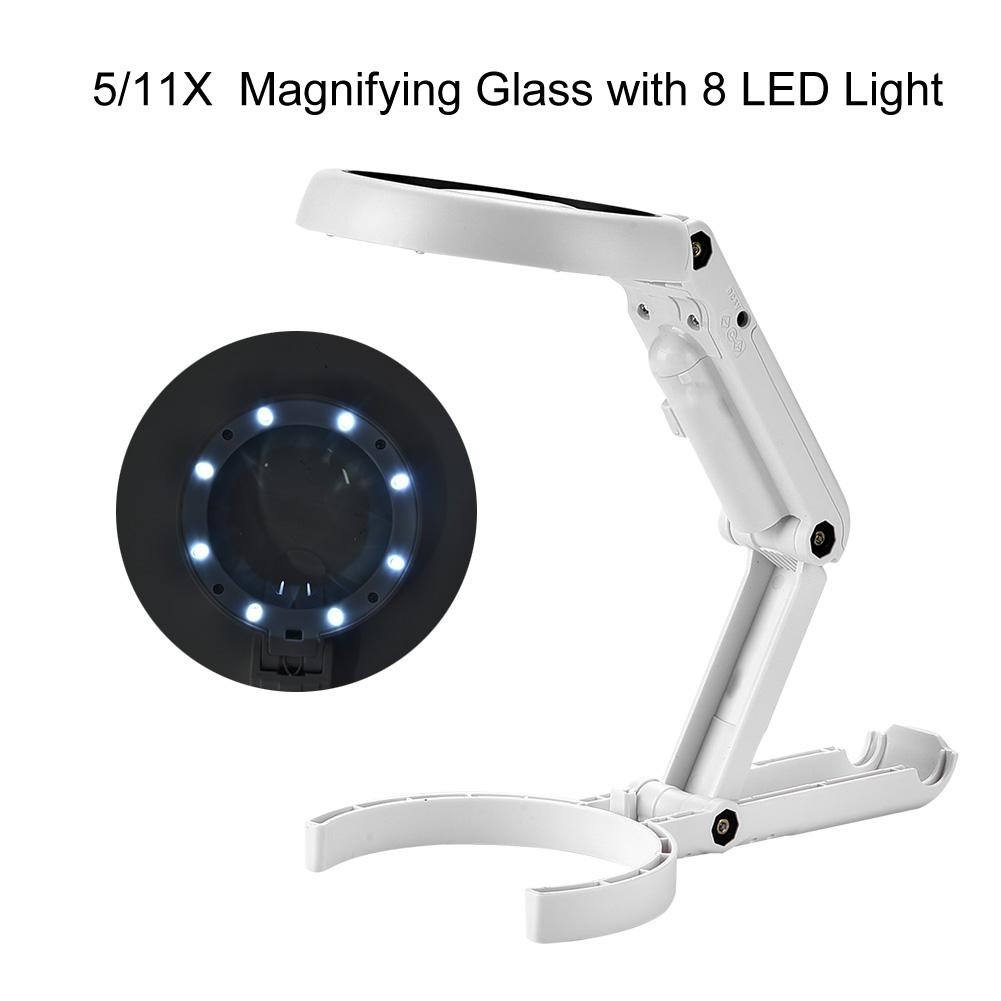 5 11X Magnifying Glass with 8 LED Light Hnadheld Desktop Multifunctional Reading Magnifier