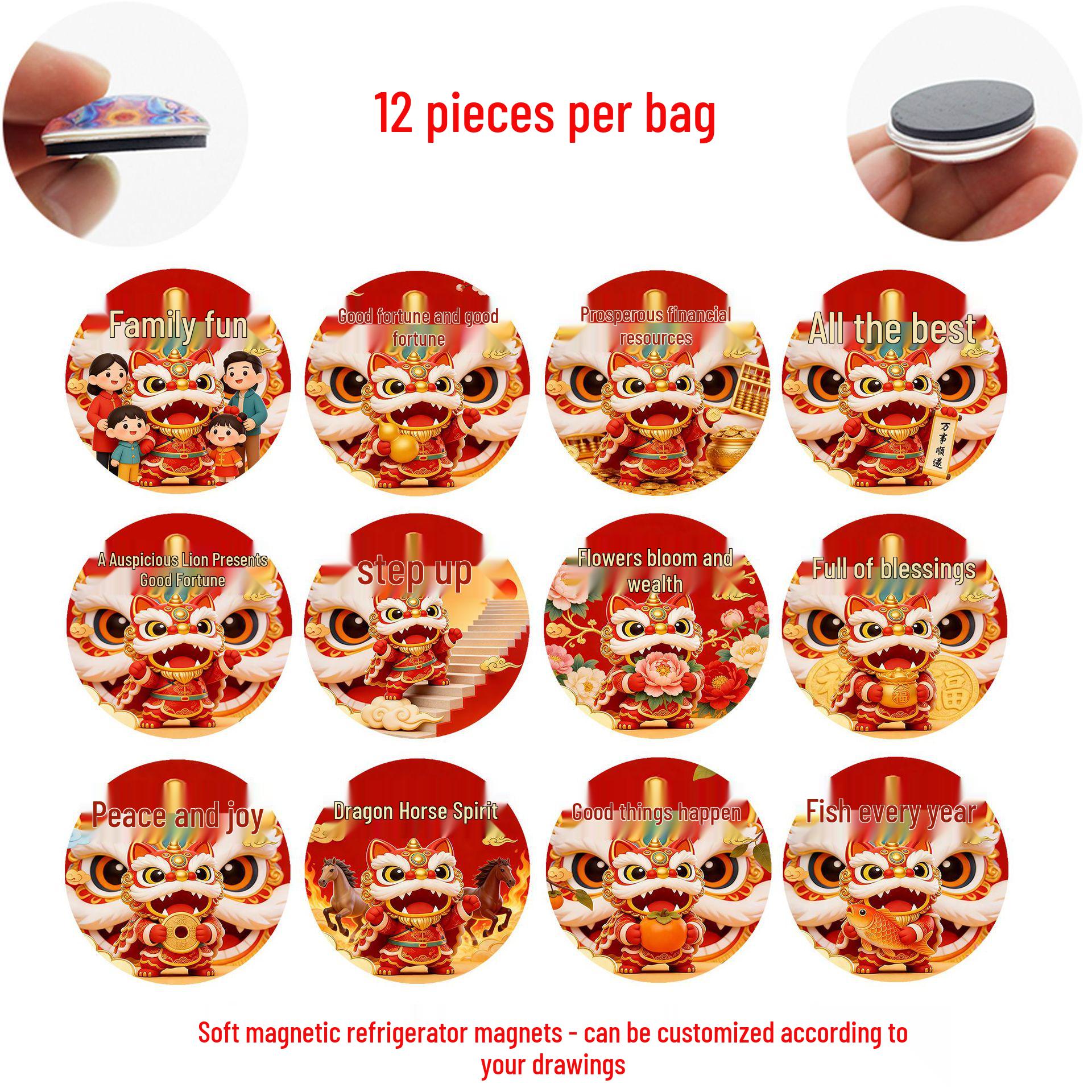 

Traditional Chinese New Year Red Lion Dance Glass Sticker & Yunnan Tile Cat Refrigerator Magnet 25mm Magnet Set (12 pcs) - Model SJB421