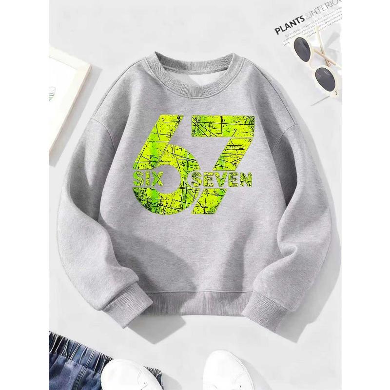 Kids Unisex Crewneck Sweatshirt, Vintage Scratched Neon Green Number 67 Print Pullover, Boys Girls Birthday Sweatshirt For Kids Over 4 Years Old