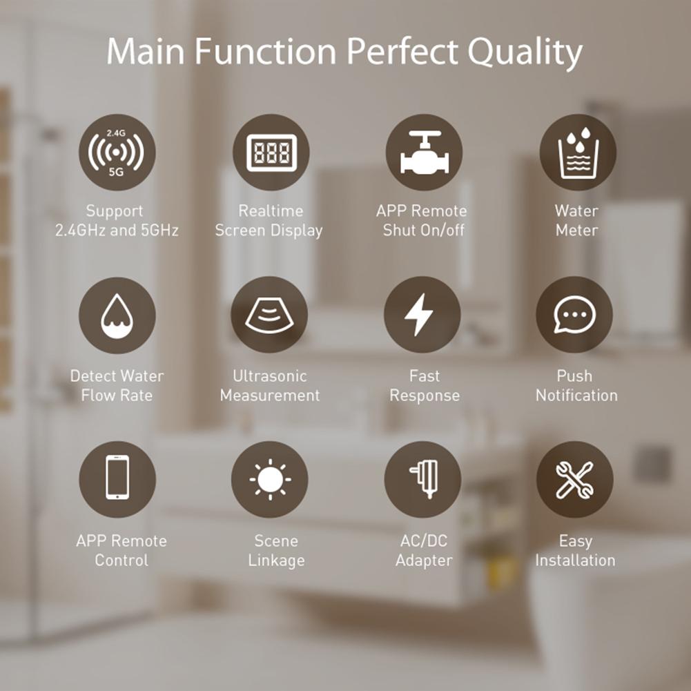 WiFi Smart Water Valve IP66 Waterproof Water Flow Rate and Water Meter LCD Display Dual-Band Flow Rate Meter Remote APP Control