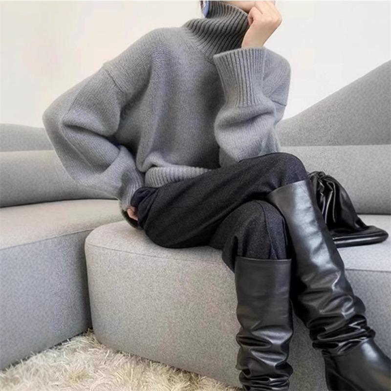 

Autumn and winter new turtleneck loose and versatile knitted pullover sweater lazy style bottoming shirt outer wear One size светло-серый