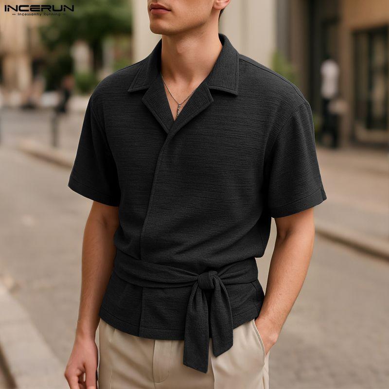 INCERUN Men Casual O Neck Short Sleeve Front Cross Lace-up T-Shirts Tops