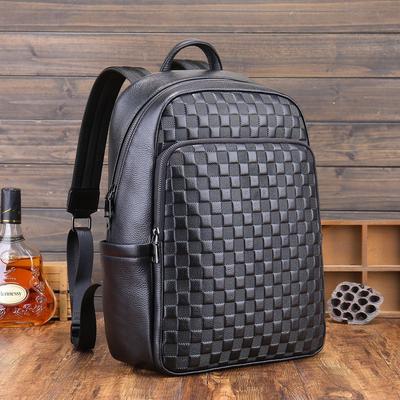 Neuer Rucksack aus echtem Leder für Herren, große Kapazität, geprägtes Schachbrettmuster, Business-Schultasche, Notizbuch-Reisetasche