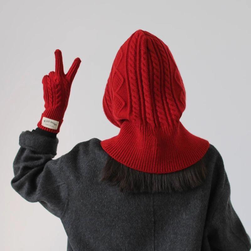 Wool Knitted Balaclava Hat with Neck Warmer Integrated Gloves Autumn Winter Neck Protection Warm Stylish Red with Gloves