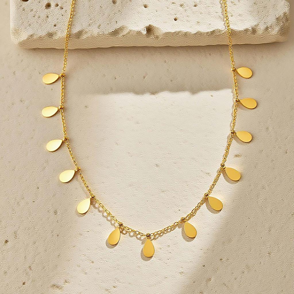 Stainless Steel Water Drop Necklace for Women,Gold Color Flat Rolo Chain Necklaces,Daily Jewelry Accessories Gift