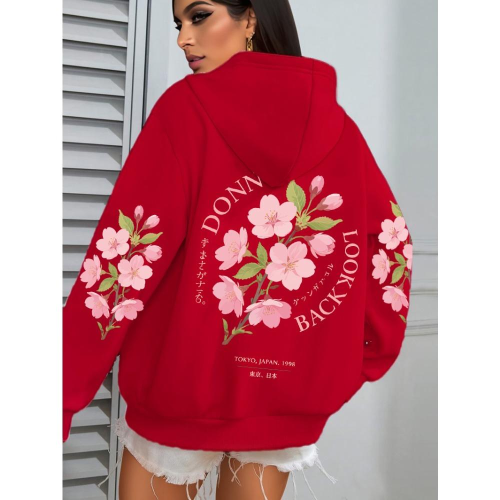 

Не оглядывайся назад Токийская цветочная печать Женские худи Осень Повседневная уличная одежда Свободный пуловер Многоцветный Удобный худи XL