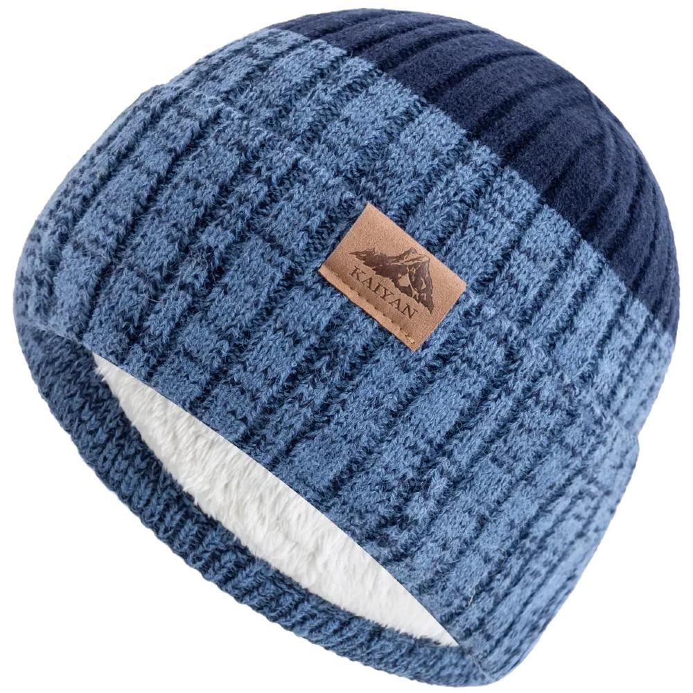 Unisex Winter Warm Hats Plush Fur Lined Beanie Cap For Man Woman Color Blocking Winter Knitted Hat