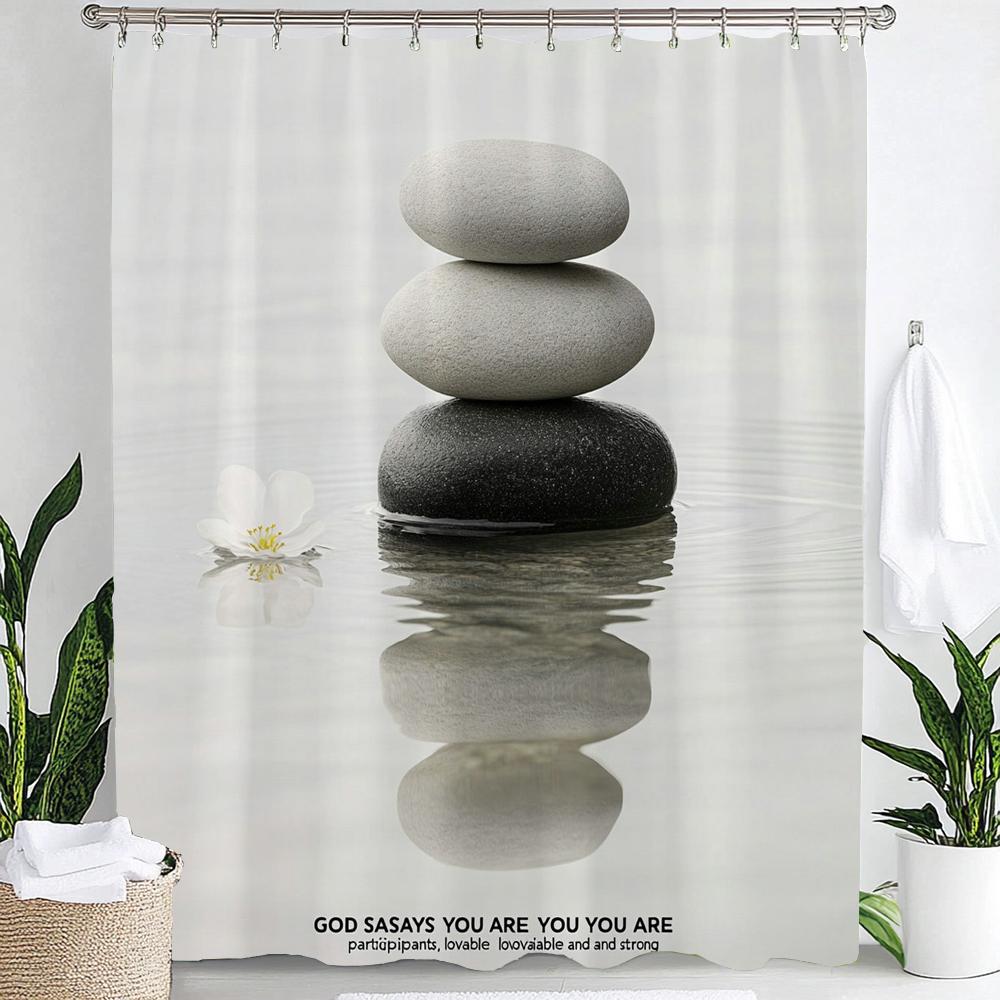 

Zen Stone With Lotus Reflection In Water Shower Curtain, Bathroom Decorative Shower Curtain, Home Flowers Curtain With Hooks W60H190(CM)-1 Pcs