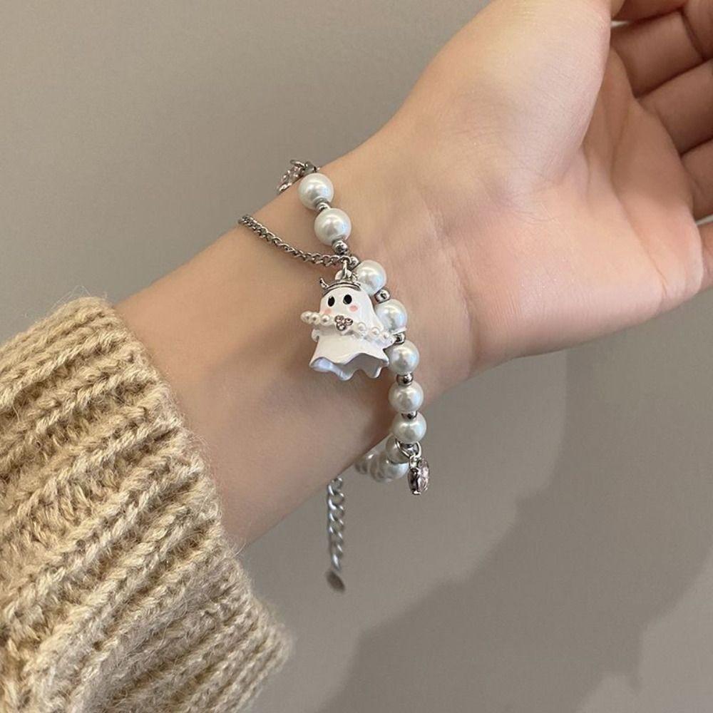 2PCS Pearl Beaded Halloween Couple Bracelets Funny Ghost Pendant Bracelet  Jewelry Gifts
