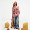 unifree Pink Loose Fuzzy Off-Shoulder Sweater with Butterfly Graffiti