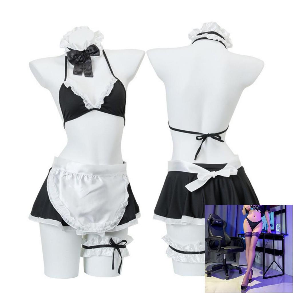 Night Listen Lingerie: Sexy See-Through Maid Role Play Set with Open Crotch, 3-Piece Women's Temptation Uniform