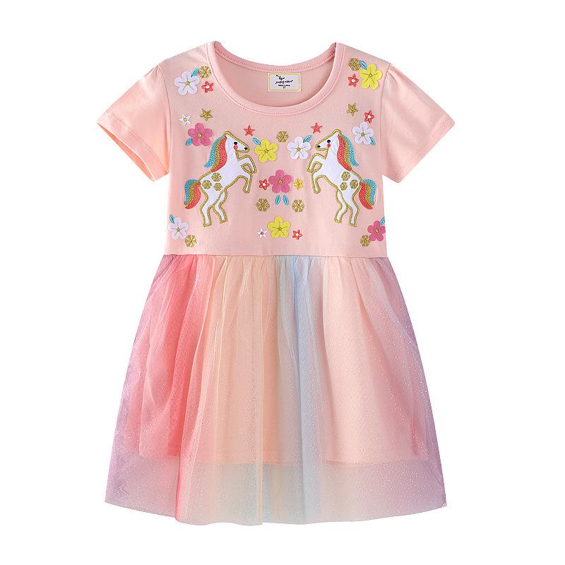 European & American Style Spring/Summer Princess Dresses for Toddlers & Preschoolers: Short-Sleeved Knitted Mesh Girls' Dresses