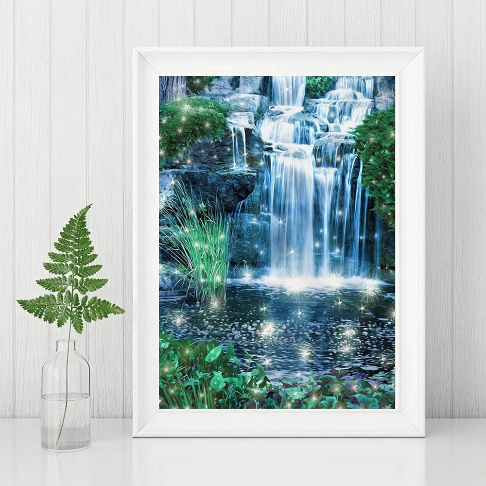 5D Diamond Painted Waterfall, Full Diamond Mosaic Landscape, Diamond Embroidery, Natural Scenery