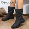 Belt Buckle Shoes, Round Toe Thick-soled Mid-calf Boots, Women's Flat Low-heeled Boots Devotion