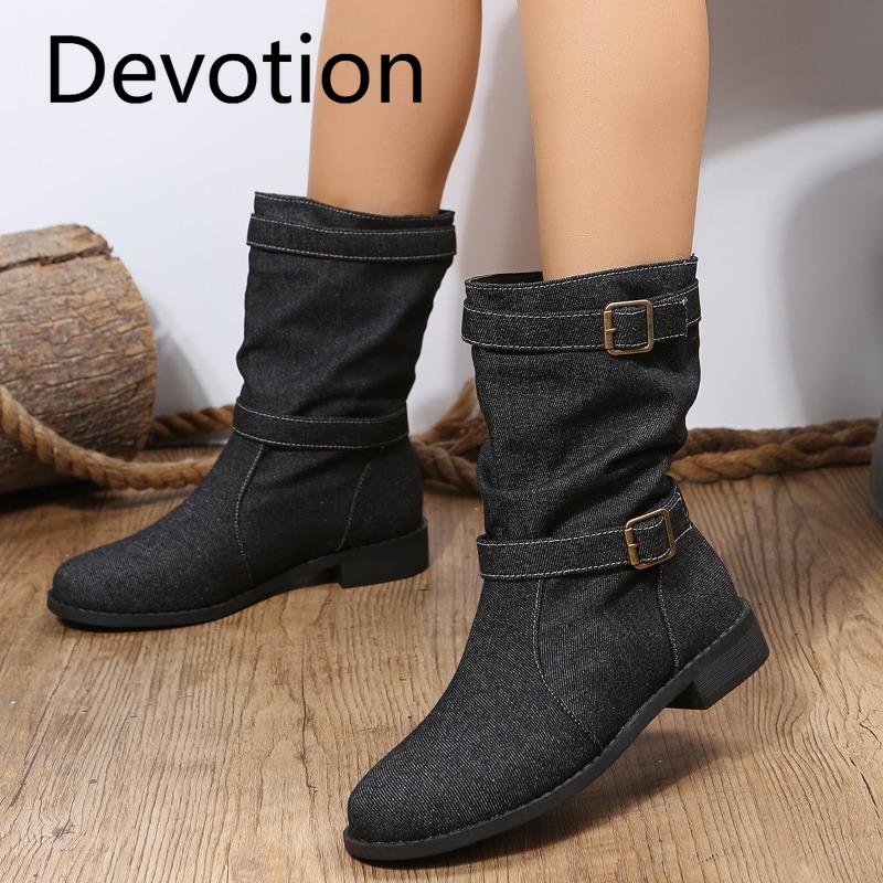 Belt Buckle Shoes, Round Toe Thick-soled Mid-calf Boots, Women's Flat Low-heeled Boots Devotion