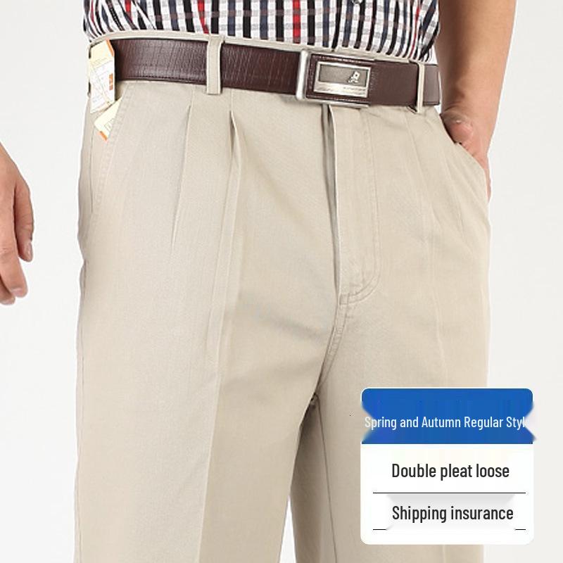 Dad's Pants Men's High Waist Cotton Double Pleated Loose Fit Pants for Spring & Autumn