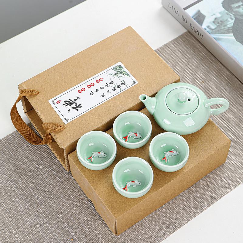 Portable Travel Tea Set, Celadon Fish Set, Wedding and Opening Real Estate Souvenir Gift