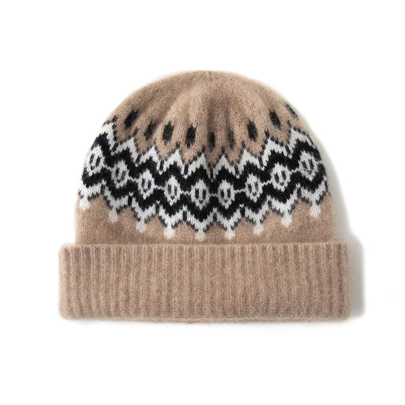 

Кашемировая осенне-зимняя новая женская шапка-бандана с ретро-жаккардом в стиле колор-блок, теплая, с защитой ушей и отворотом One size