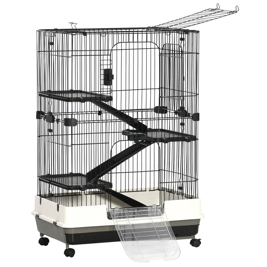 Four-Tier Small Animal Cage, for Bunnies, Ferrets, Chinchillas w/ Wheels, Tray - Black