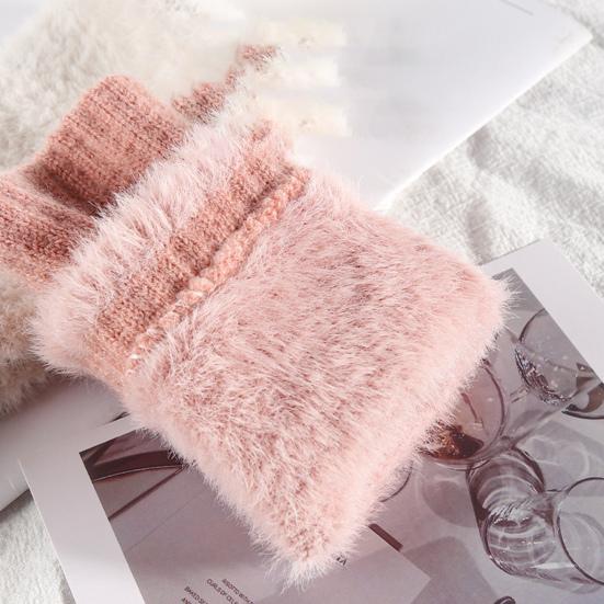1 Pair Winter Ladies Gloves Half-finger Thick Plush Knitted Stretchy Touchscreen Wrist Protection Keep Warm Office Typing Student Writing Gloves