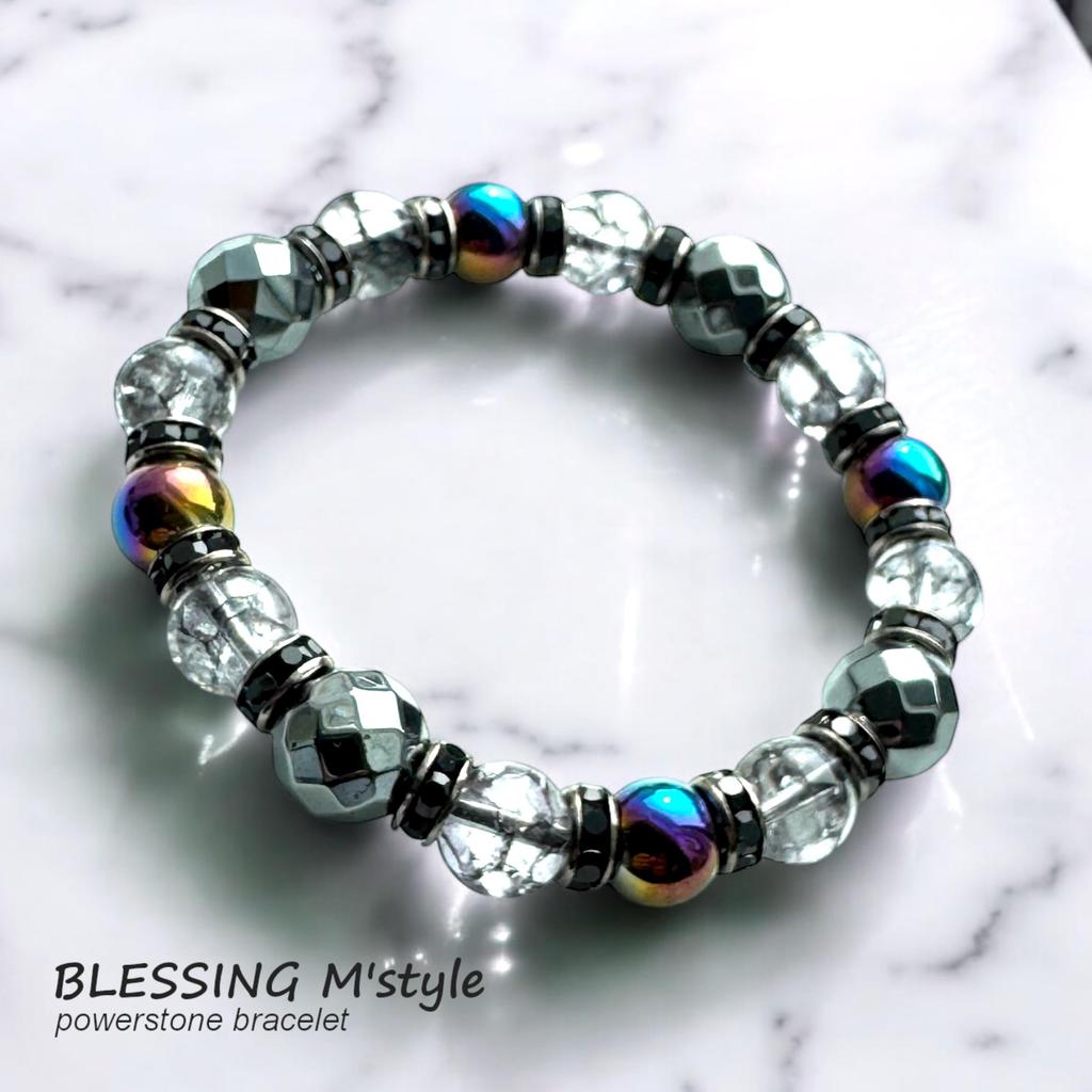 Power Stone Natural Stone Bracelet with Onyx Rainbow Black Crack and Hematite for Protection and Good Includes a Luxury Drawstring Bag with Brand Logo