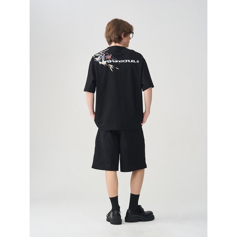 HACR's Harshandcruel New Chinese Style over-the-Shoulder Ink Painting Florals Print Short Sleeve T-shirt