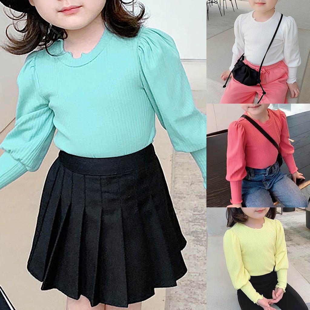 Candy Color Fashion Baby Girls Rib Long Puff Sleeve Irregular Lovely O Neck Spring Autumn Knitted Sweater