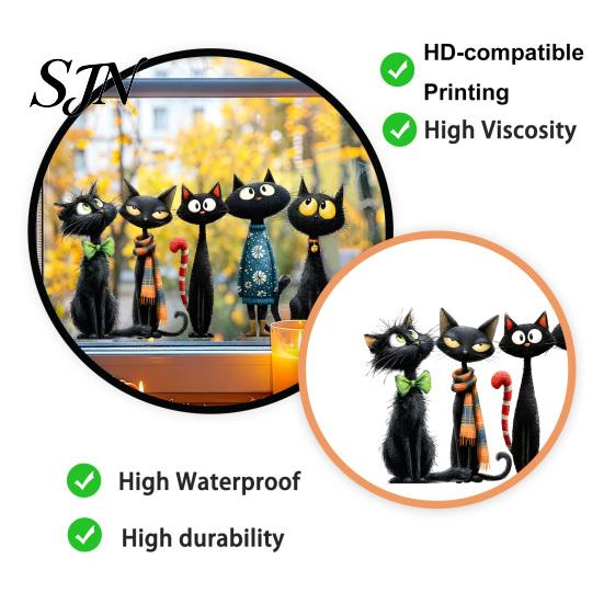 Easy Peel Glass Decals Halloween Cartoon Black Cat Static Sticker, PVC Window Decorative Removable Murals Decal, Waterproof Clings for Living Room