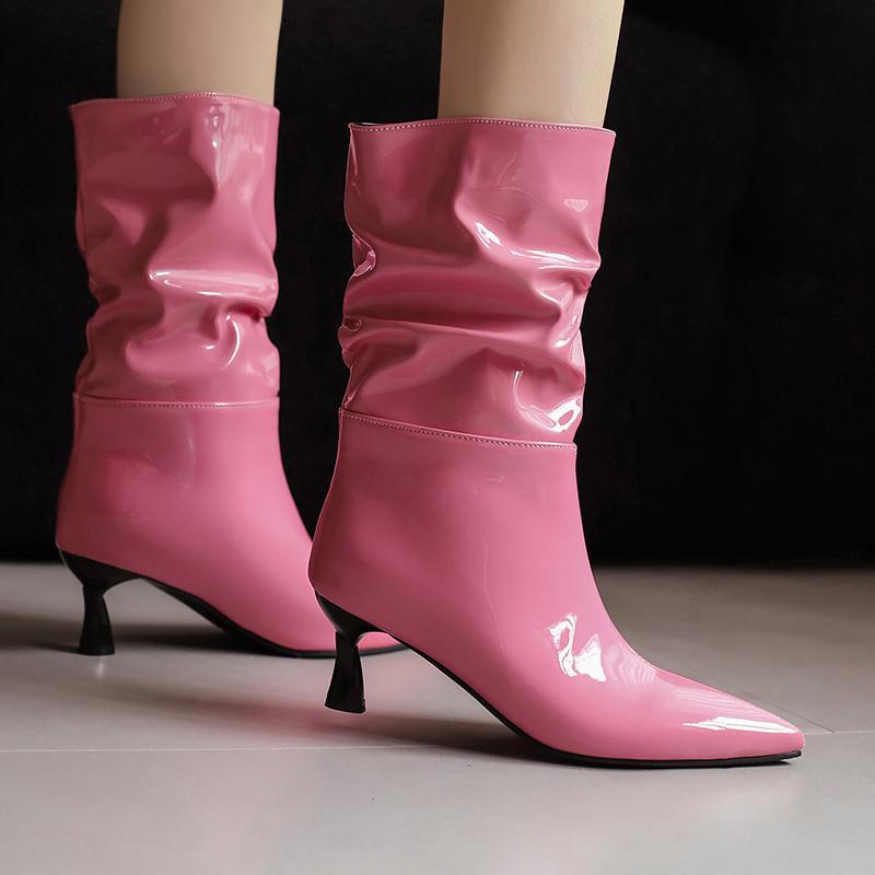 Slouch Boots Women's Patent Leather Mid Calf Boots Pointed Toe Strange Style Shoes 2024 Autumn Winter Footwear