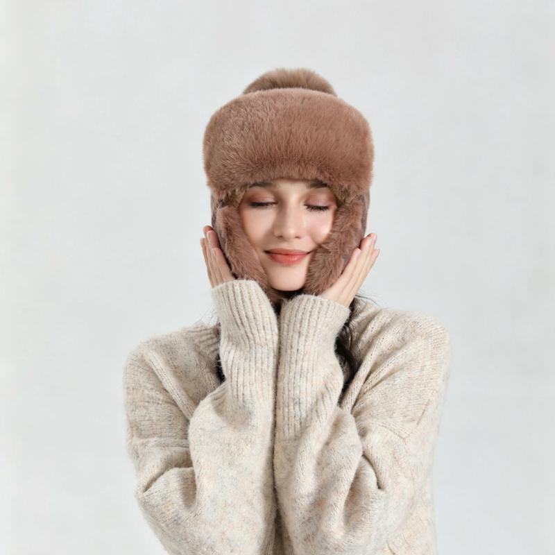 Zeyu Unisex Winter Faux Fur Trapper Hat Warm Fluffy Breathable Knitted Earflap Pom Pom Windproof Cold Weather Sports Travel ODM