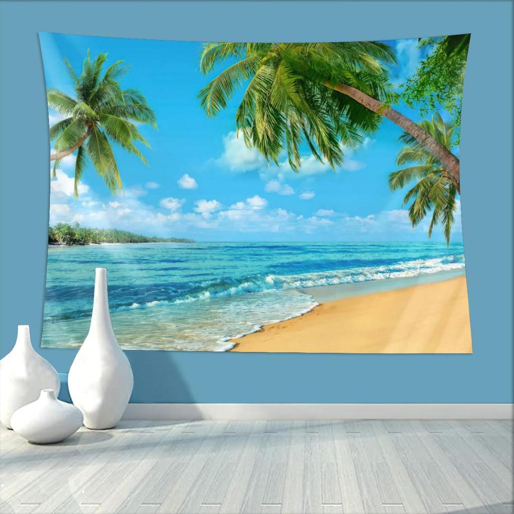 Ocean Beach Tapestry Wall Hanging Natural Landscape Tapestry Sky Seaside Tropical PalmTrees Island Tapestries Party Decor Banner