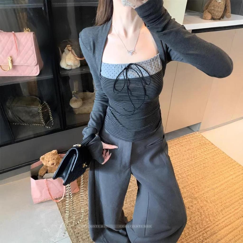 Women's Polka Dot Long Sleeve Square Neck T-shirt with Korean-Style Butterfly Tie - Slimming Autumn Winter Base Layer Top