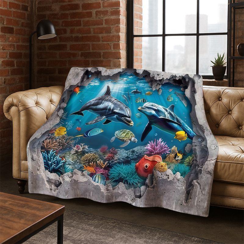 3D Illusion Underwater World Marine Life Shark Dolphin Cartoon Flannel Blanket Throw Blanket for Bedroom Living Room Bed Travel