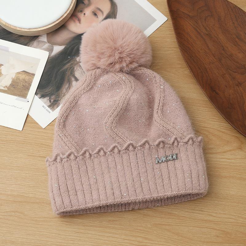 Neuer Herbst- und Winter Pailletten Spitzen Kaninchenhaar Warme Mütze Koreanische Version Vielseitige Outdoor Kältemütze Plus Wollmütze für Damen