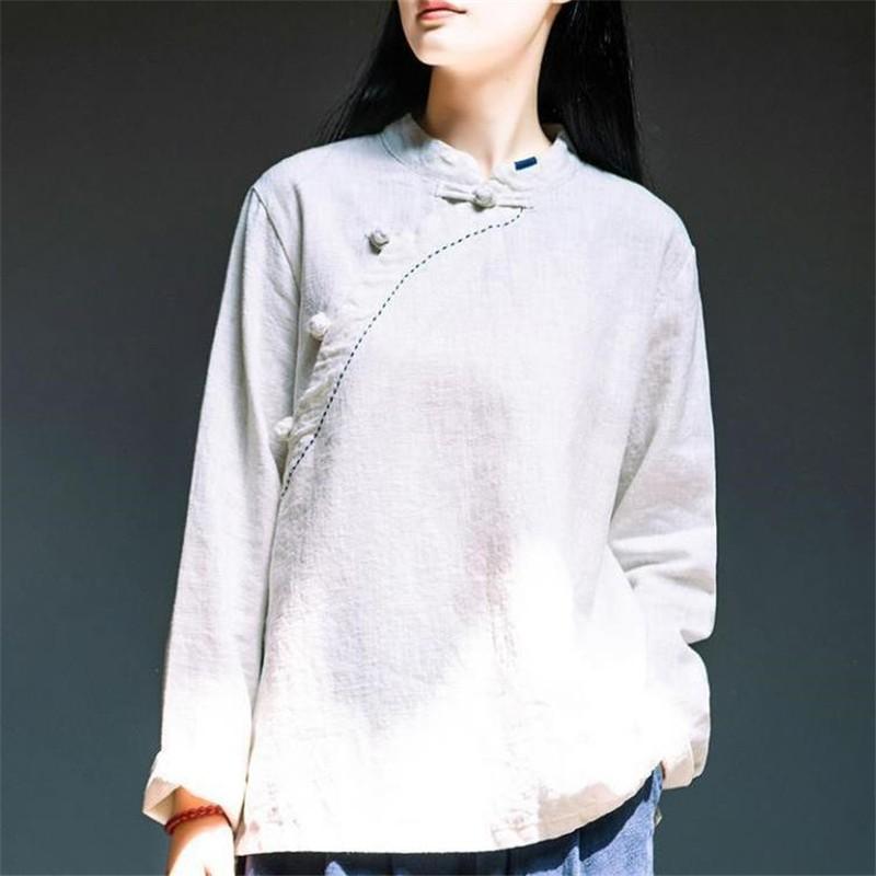 Women Casual Loose Cotton Linen T-shirt Chinese Style HanFu Top Summer Stand Collar Buckle Button Tea Clothing Top