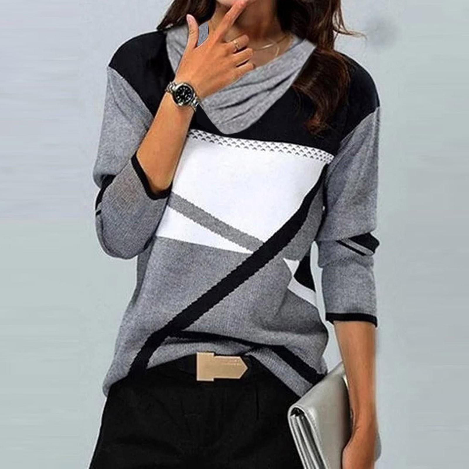 

Женские топы Нарядные повседневные рубашки с длинными рукавами с перекрестным V-образным вырезом и цветными блоками Повседневная туника Блузки Топы L чёрный