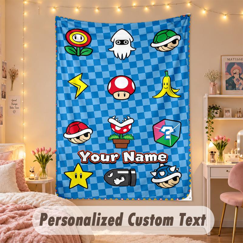 Custom Personalized Tapestry,Super Mario Print Custom Name Text Wall Art Hanging for Bedroom