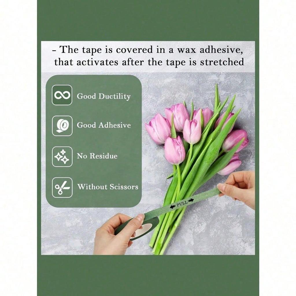 3Rolls Green Floral Tape, DIY Wedding Bouquet Stem Wrapping Material, Flower Shop Valentine's Day Mother's Day Father's Day Bouquet Packaging Material