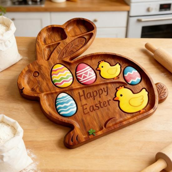 Highland Cow Wooden Charcuterie Board with Compartments Farmhouse Rabbit Clover Shaped Multi-purpose Cheese Snack Serving Tray Appetizer Platter