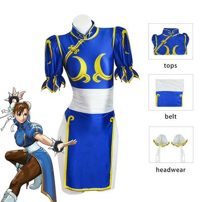 Chun Li Cosplay Dress Costume Game SF Chunli Role Play Blue Qipao Outfit Full Set Jackie Kung Fu Halloween Party Suit For Fun