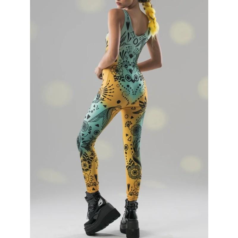 Unisex Cyber Punk Tattoo Patterned Blue Tights Women Backless 3D Digital Bird Printing Halloween Party Role Play Outfit Costume Jumpsuit