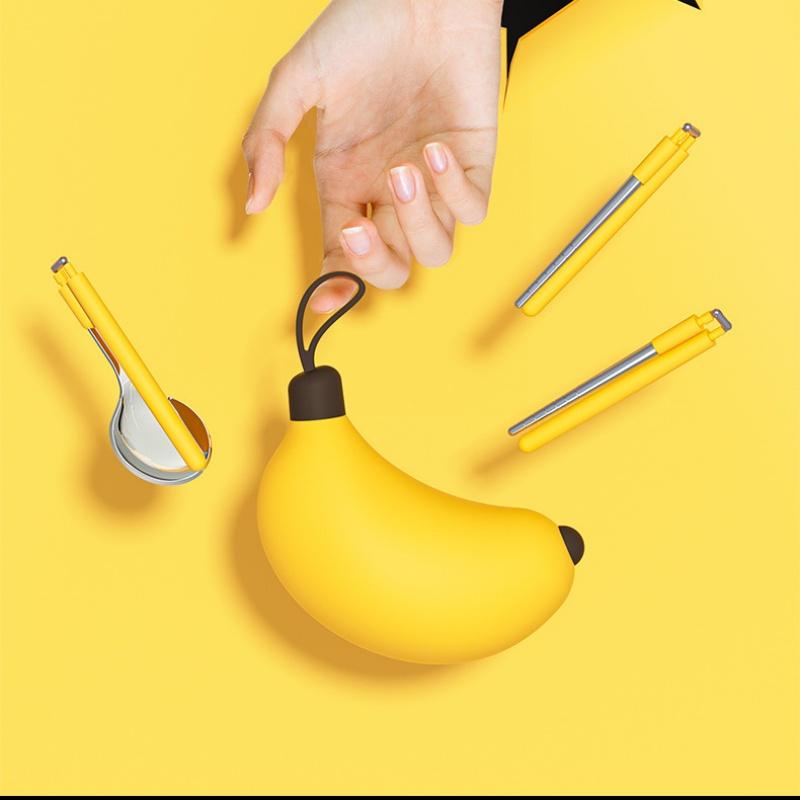 Cartoon Banana Portable Cutlery Spoon Chopsticks Serving Dinner Set 304 Stainless Steel Folding Cutlery